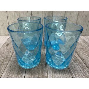 Vtg Drinking Glass Tumblers Aqua Electric Blue Diamond Quilted 3.5" Tall Set 4